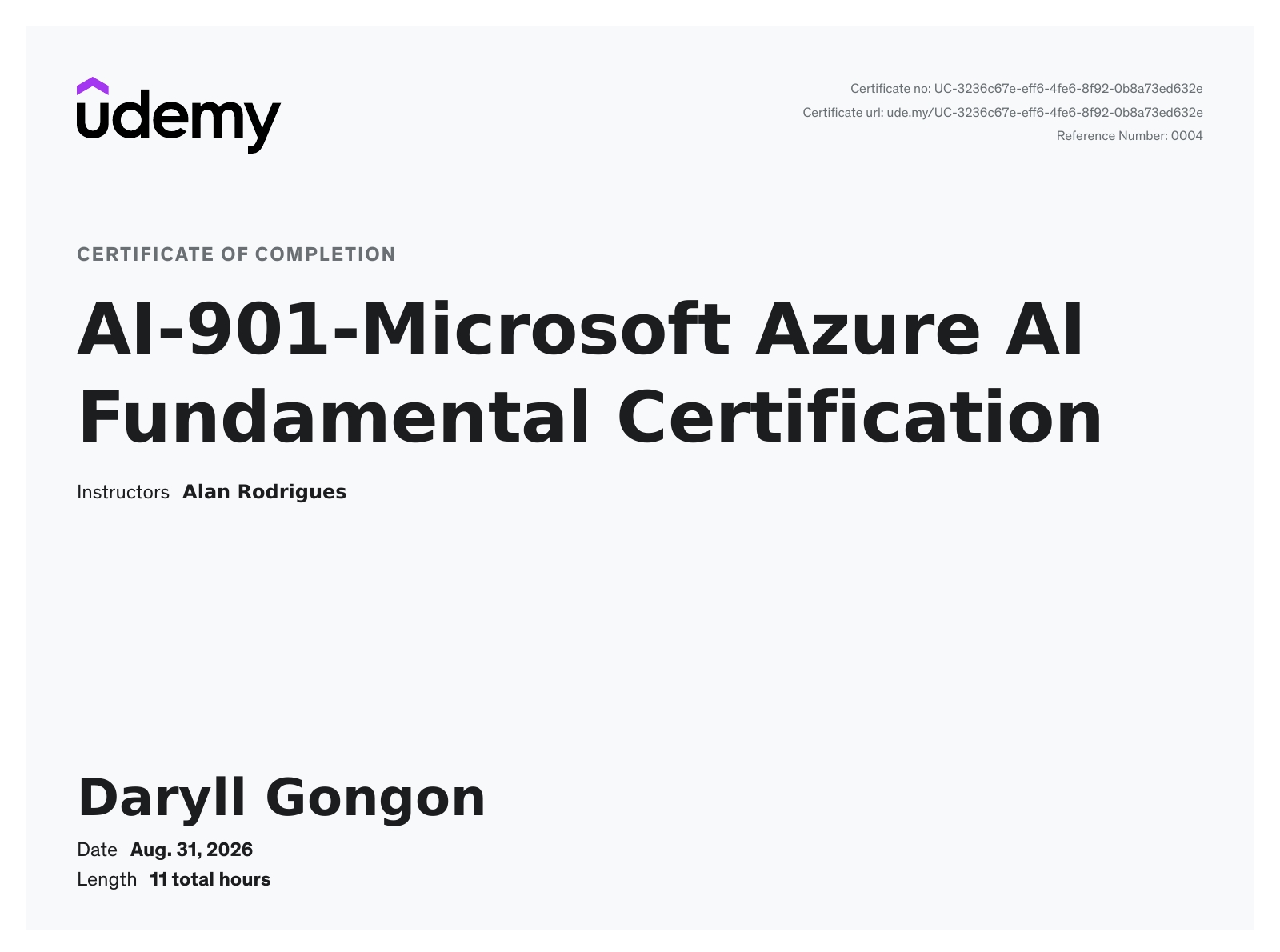 Udemy certificate of completion for AI-901-Microsoft Azure AI Fundamental Certification